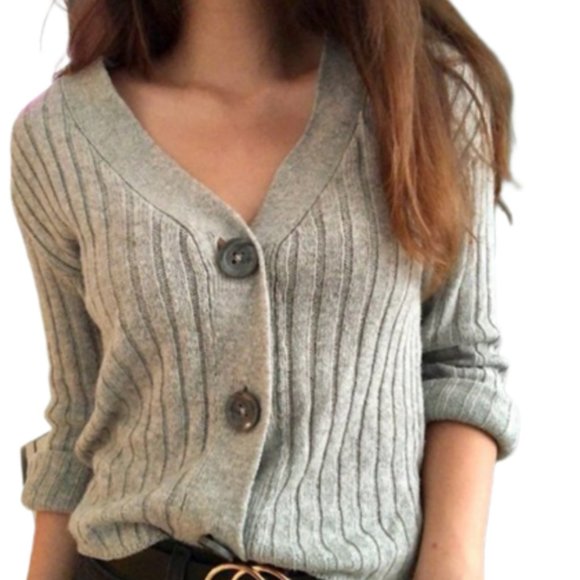 Leith Sweaters - Leith V-Neck Button Front Rib Knitted Crop Cardigan Sweater Gray Size Medium